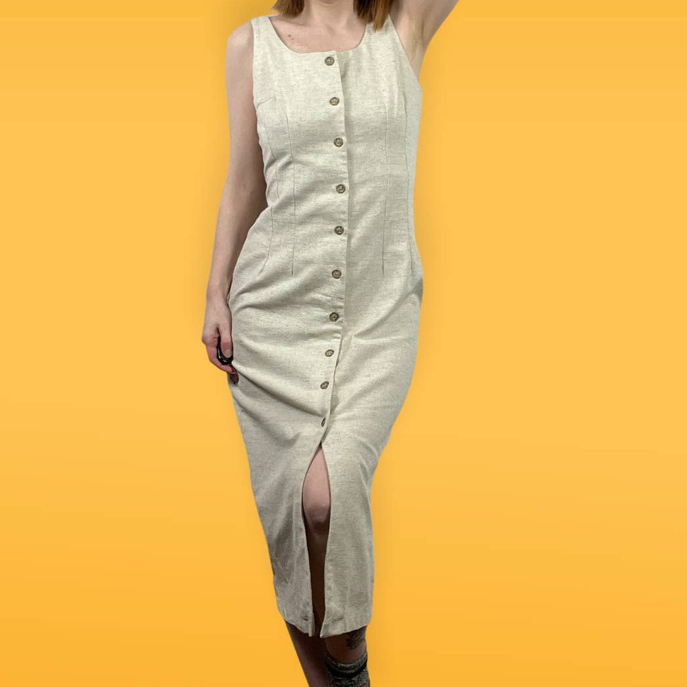 All that Jazz khaki Tan Cream Button Up Wiggle Dress Womens Size M Cotton Blend